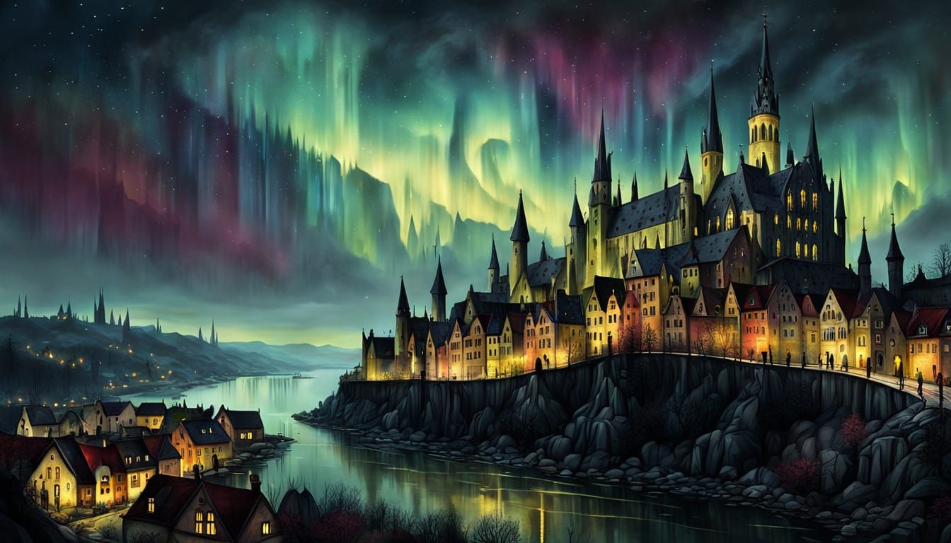 Gothic City Under Dreamlike Aurora