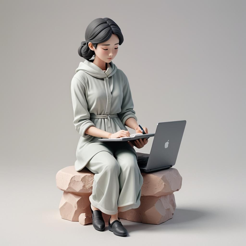 Adorable Clay Woman with Laptop in 3D Icon Style