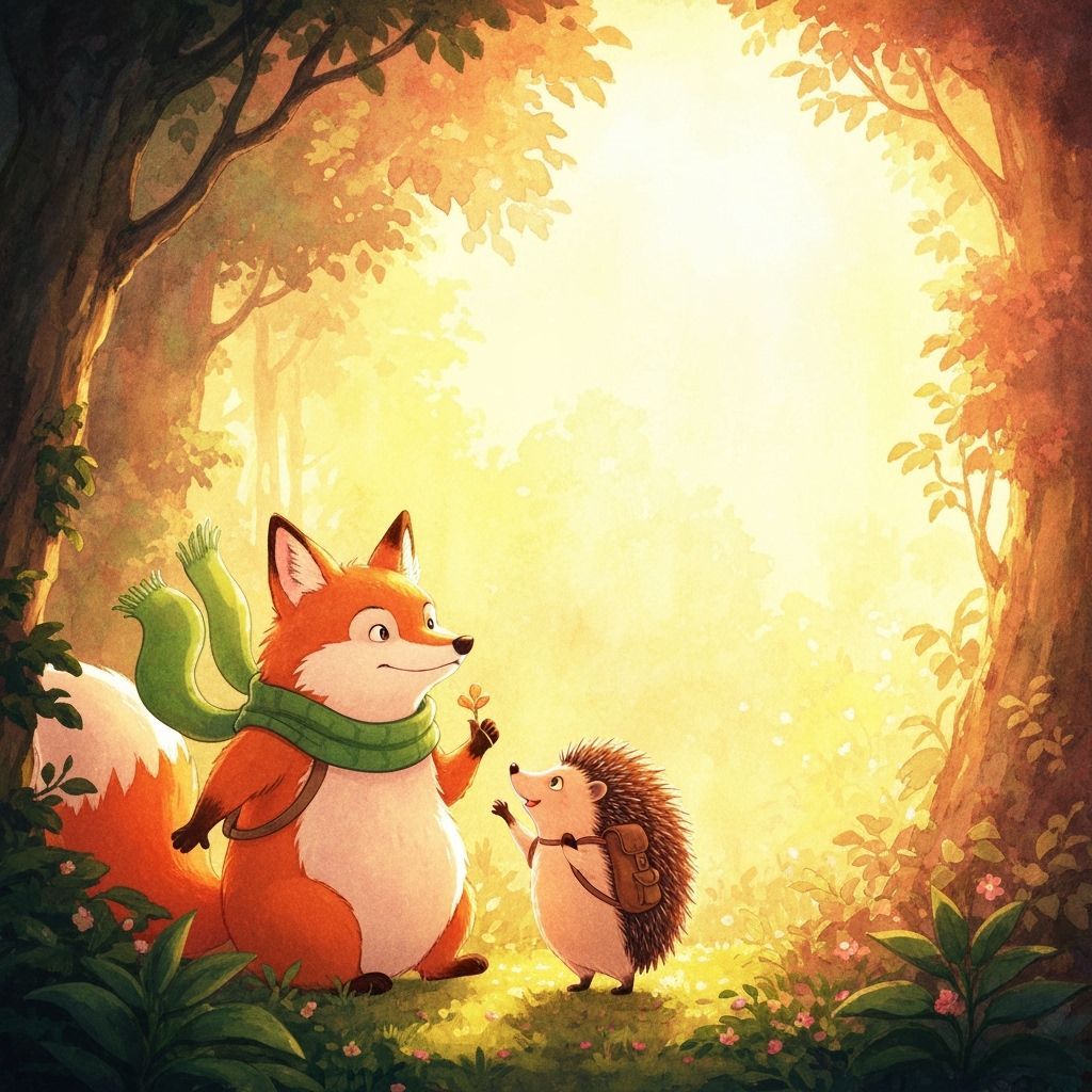 Fluffy Fox and Hedgehog Play in Sunlit Forest Watercolor