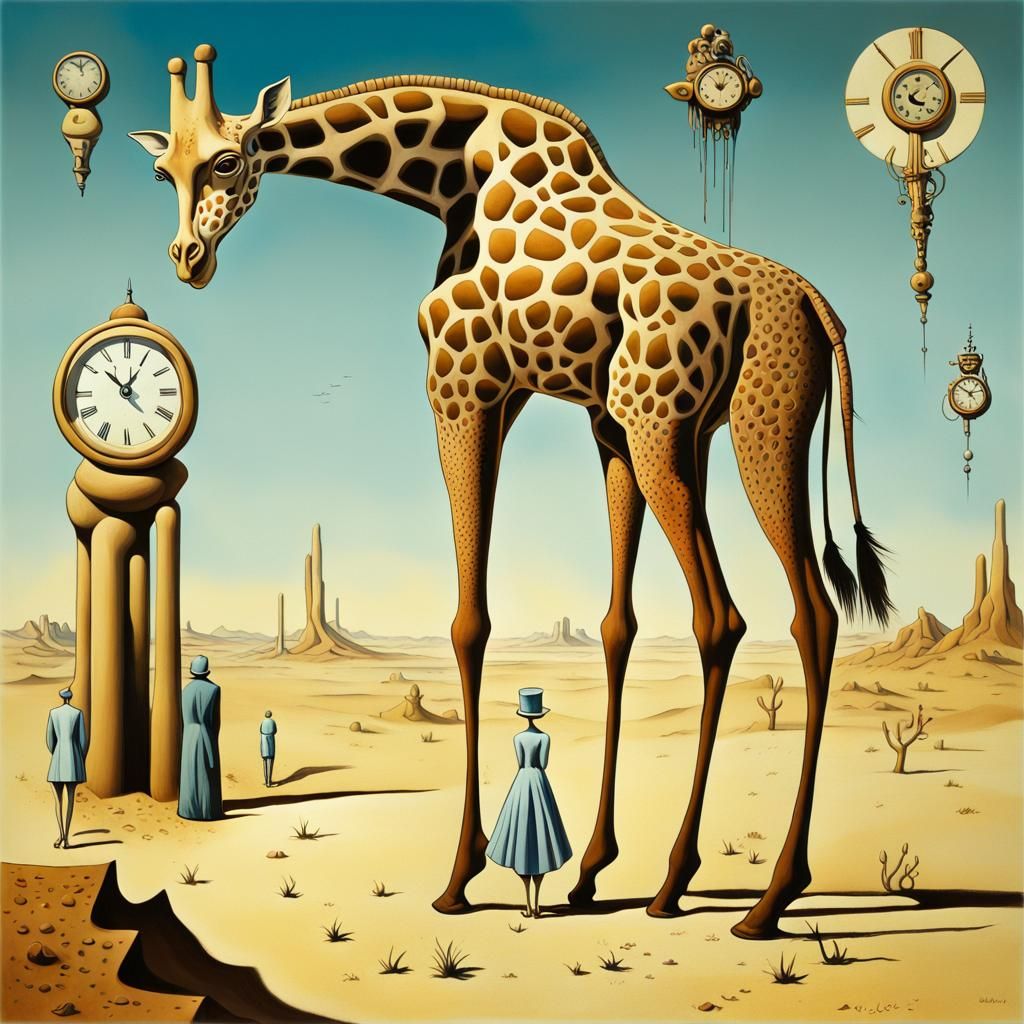 Surreal Desert Landscape with Giraffe and Clocks