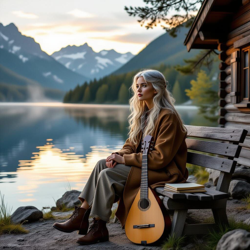 Breton Woman by Mountain Lake in Amber Light