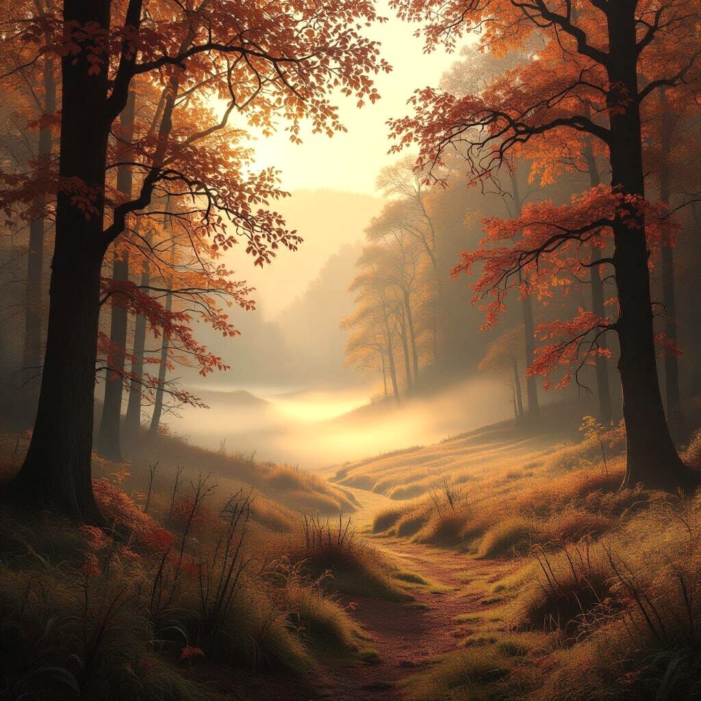 Misty Autumn Landscape with Soft Warm Glow