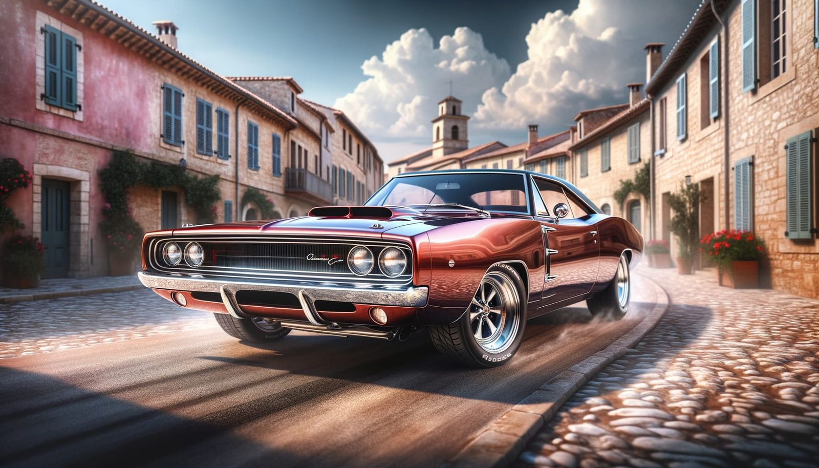 Greased Muscle Car Roaring Through Nostalgic Town