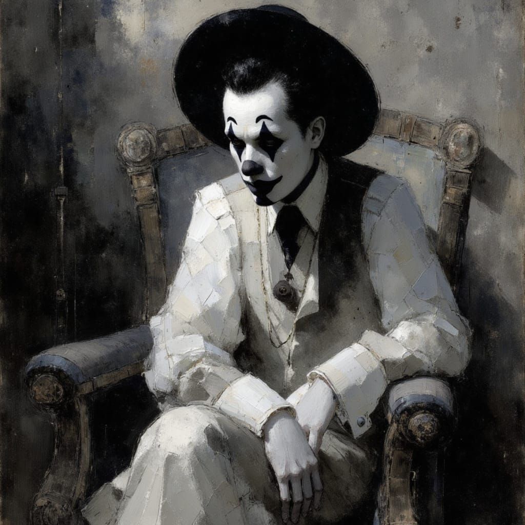 A Monochromatic Pierrot Clown's Melancholy Portrait