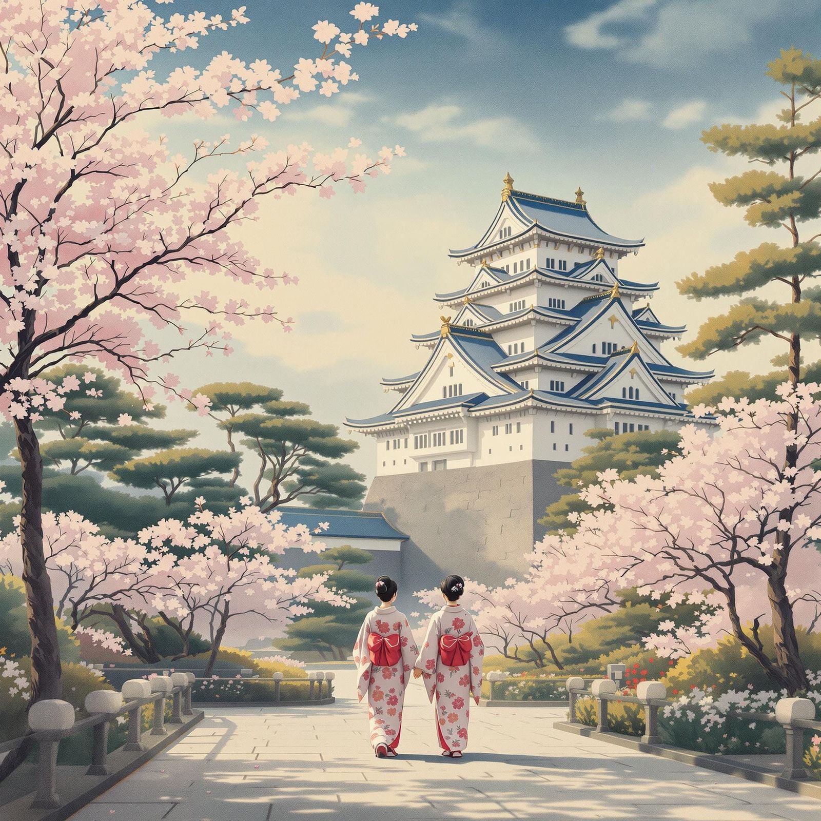 Serenely Lit Himeji Castle in Japanese Garden