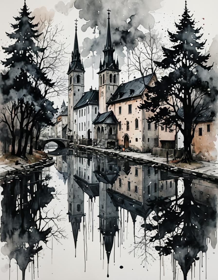 Double Exposure Silhouette in European Town, Watercolor Styl...
