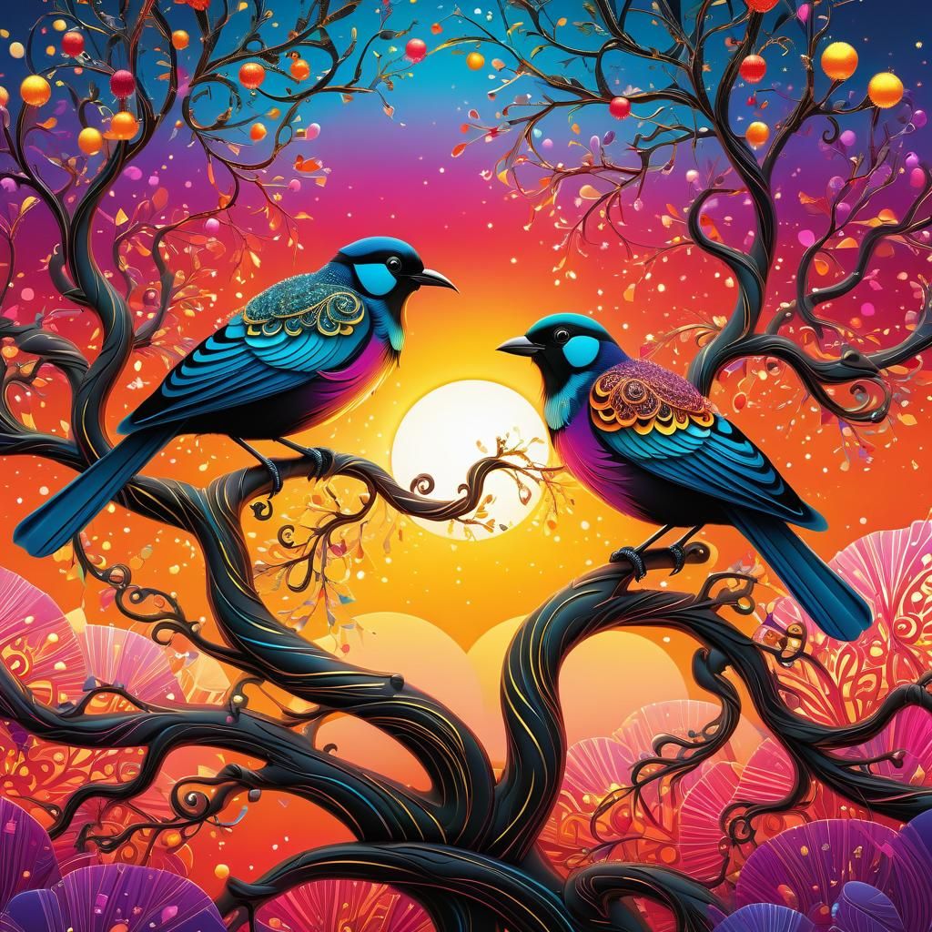 Exotic Birds at Sunset: Whimsical Candy Art Illustration
