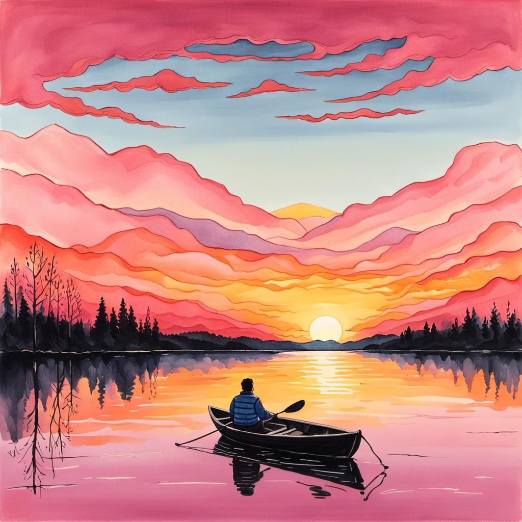 Sunset Lake: Gouache and Ink Serene Composition