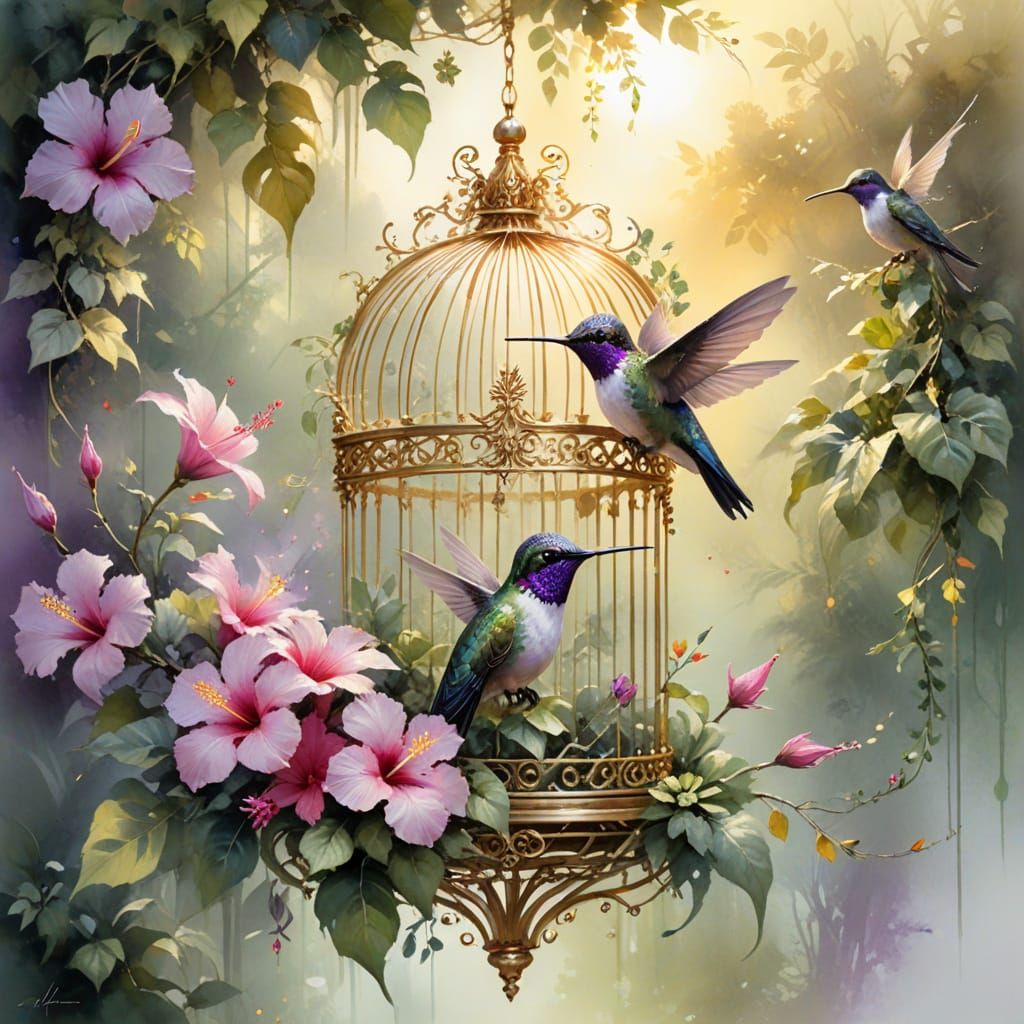 Iridescent Hummingbirds in Ornate Gold Cage