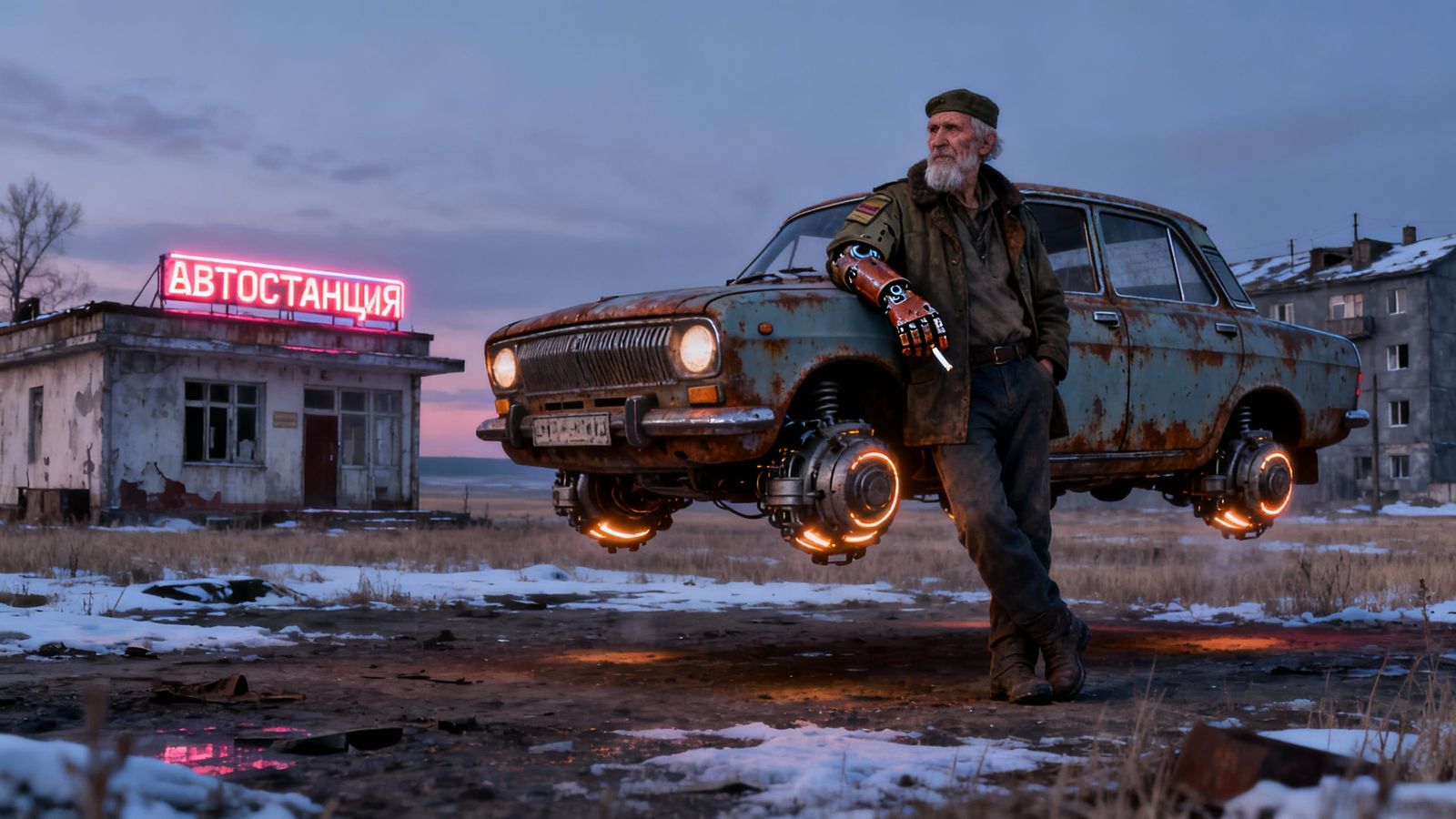 Retro-Futuristic Soviet Mining Village in Winter Twilight