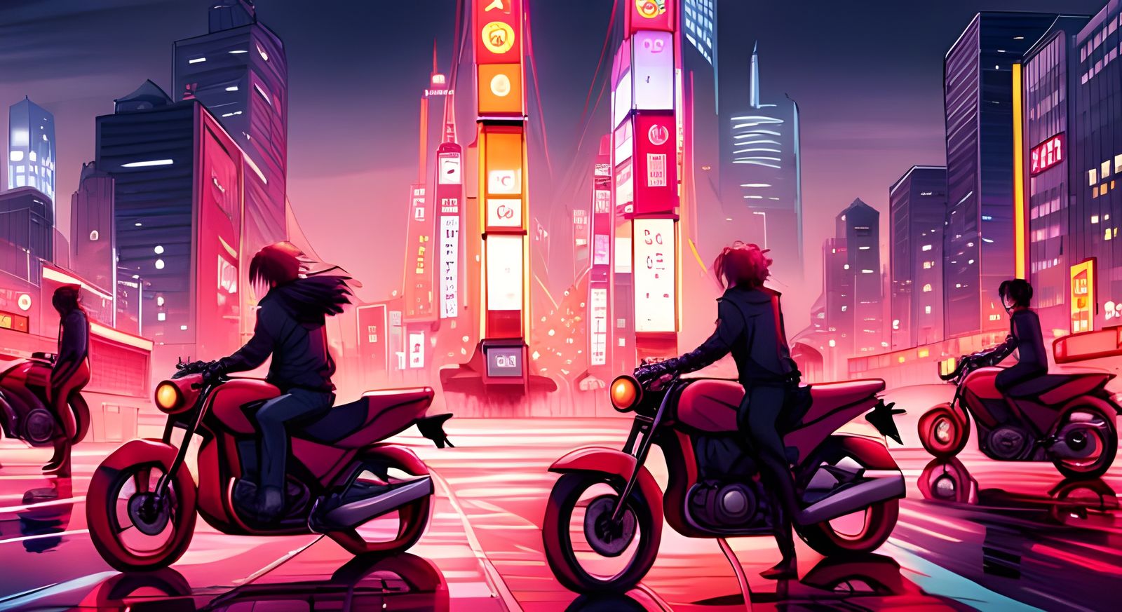 Pink Motorcycle Gang in Futuristic City at Night