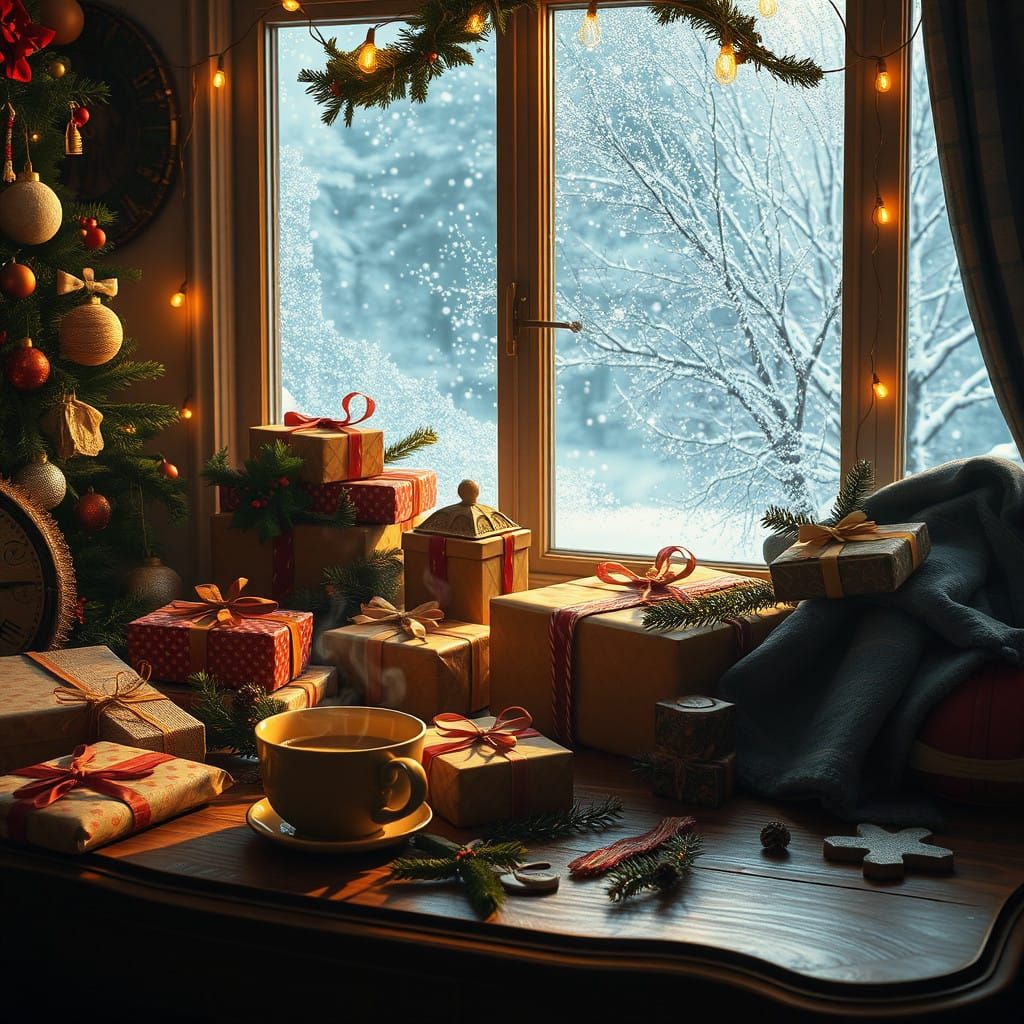 Christmas Morning Scene in Vibrant, Hyper-Realistic Digital...