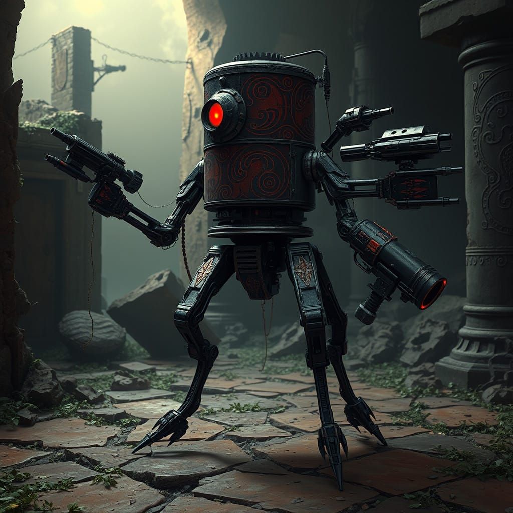 Ancient Rakatan Droid in Dark, Gritty, Industrial Style