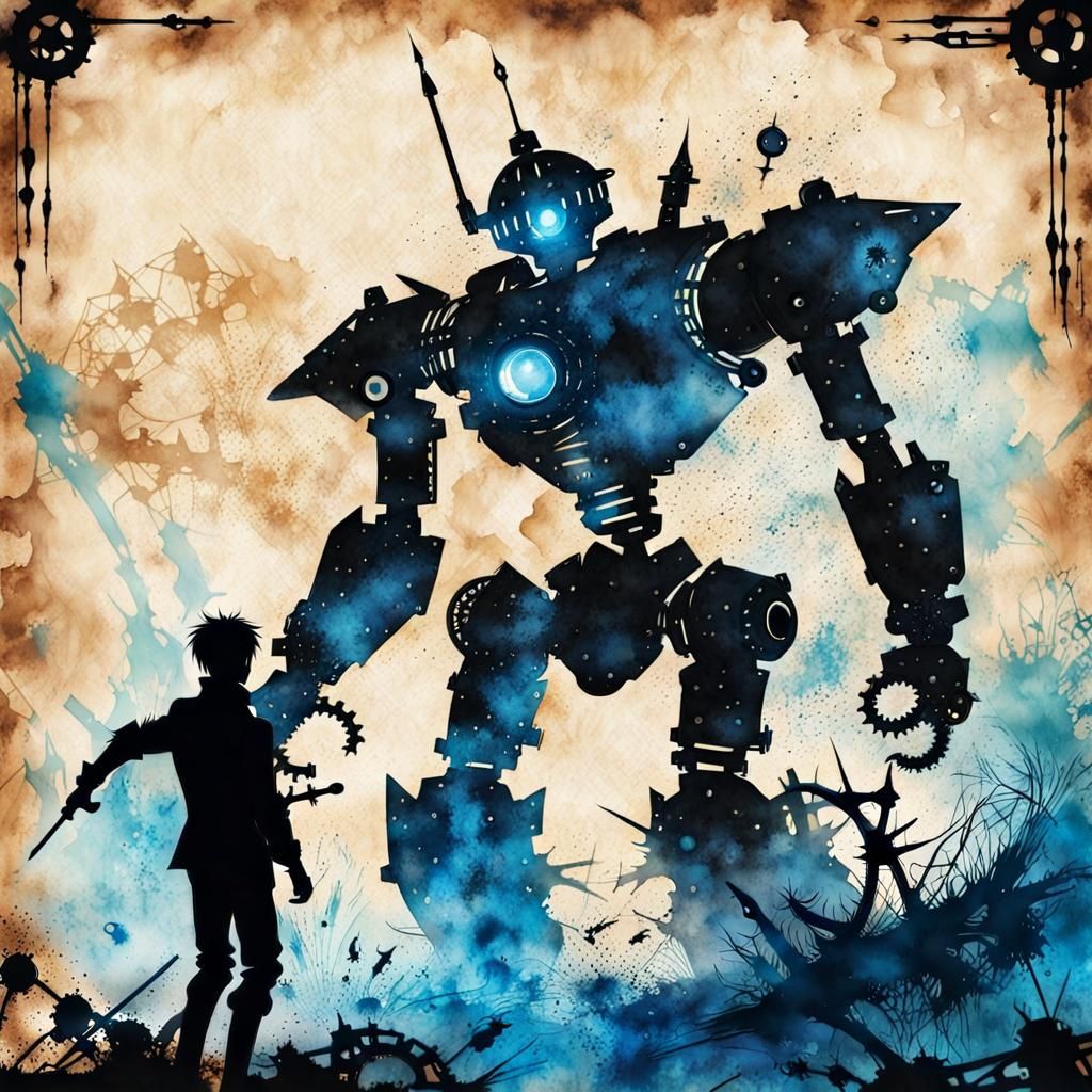 Anime Robot Versus Monster in Steampunk Ink Painting