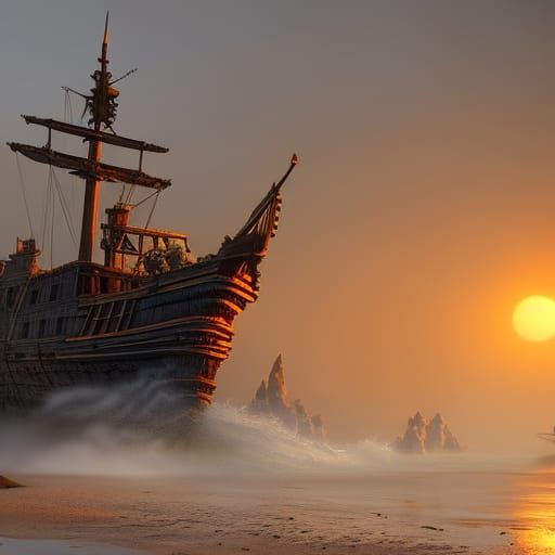 Ominous Abandoned Pirate Ship on Beach