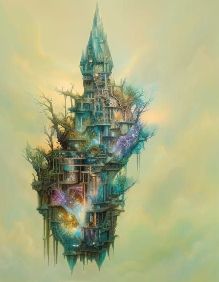 Clockpunk Crystal Nebula Village, Ink Color Gouache Painting