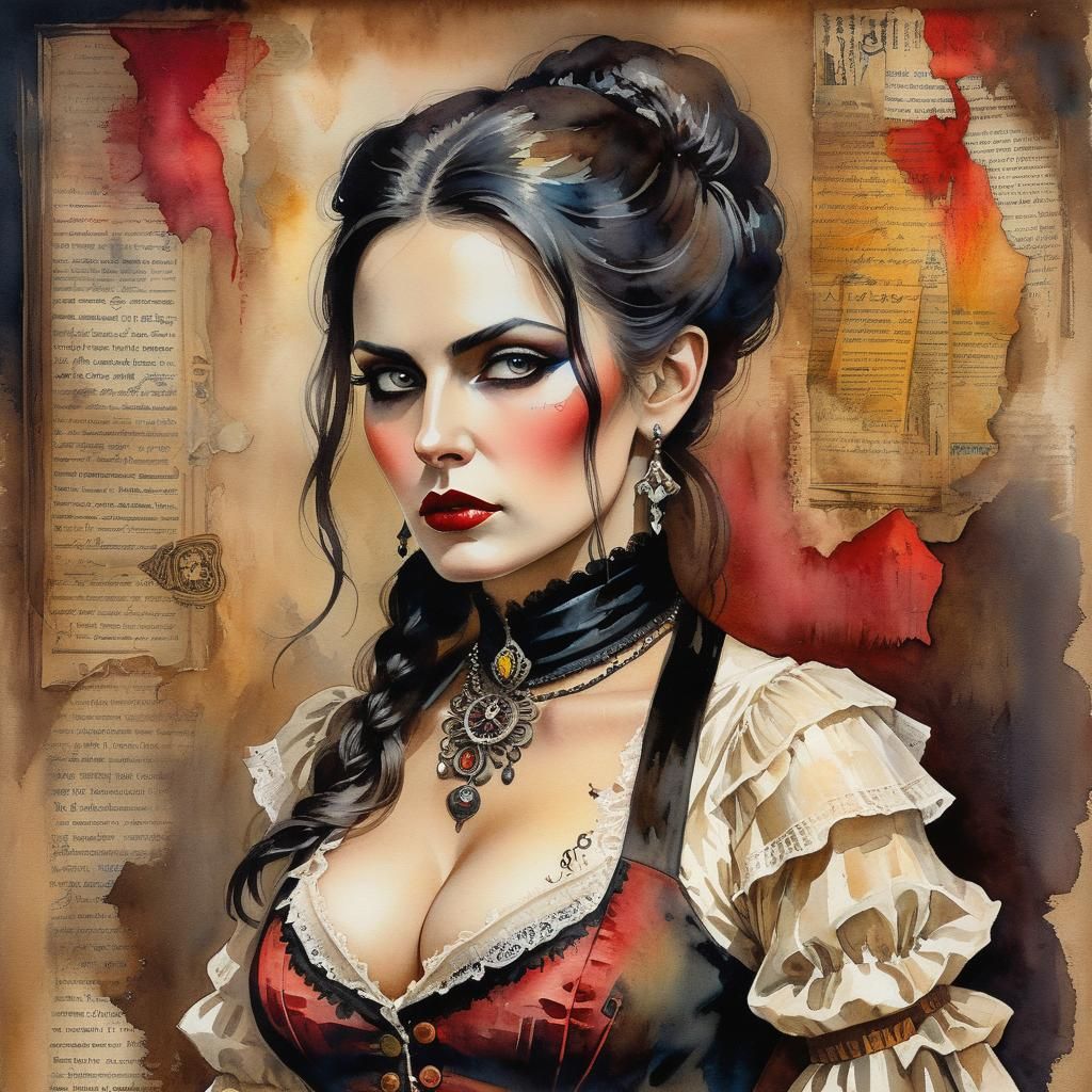 Sinister Saloon Lady: Vintage Watercolor Portrait
