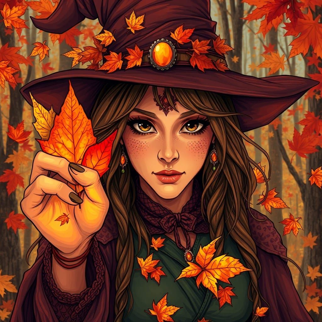 Autumn Witch Casting Leaf Spell in Anime Style