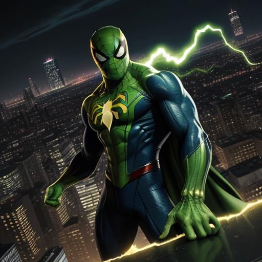 Green Electric Spider-Man on Rooftop, Comic Book Art