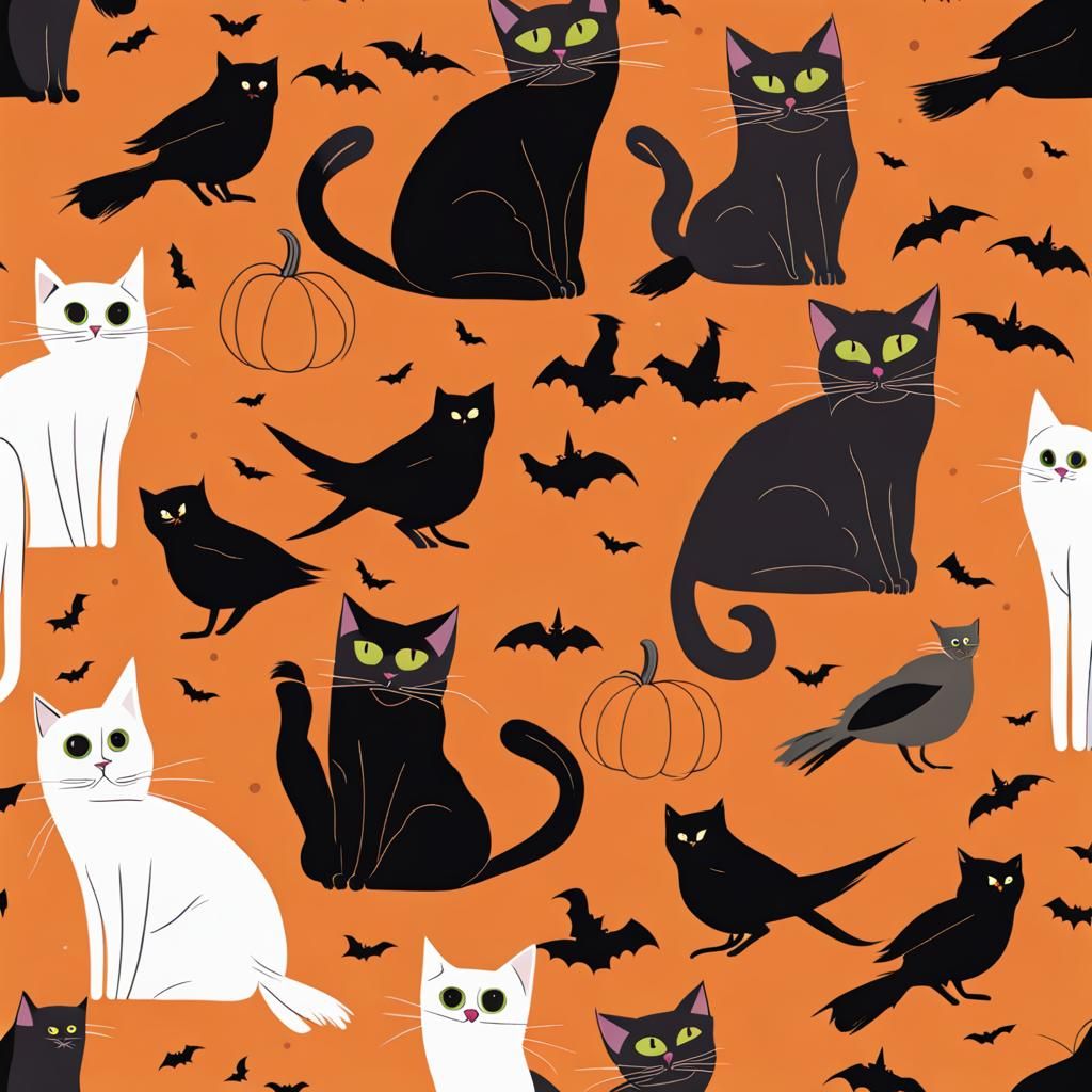 Halloween Cats and Birds in a Fantasy Landscape