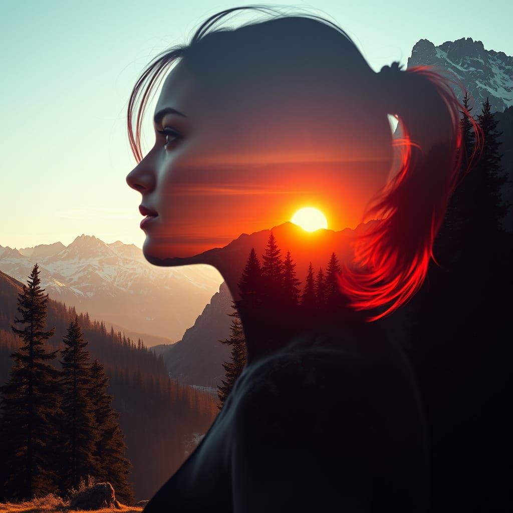 Woman Blending into Majestic Mountains and Setting Sun in a ...
