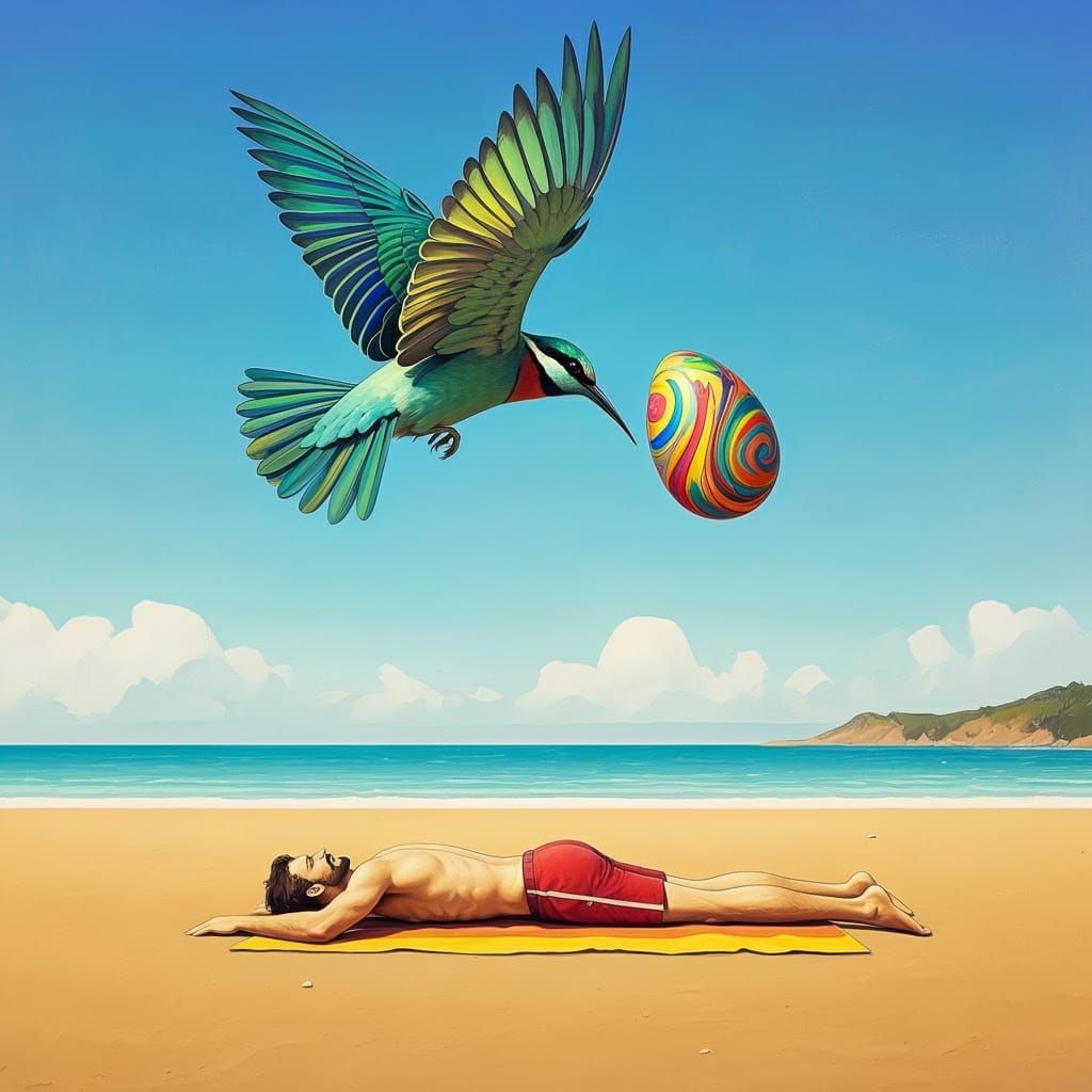 Whimsical Surrealist Scene of a Bird Dropping a Coloured Egg...