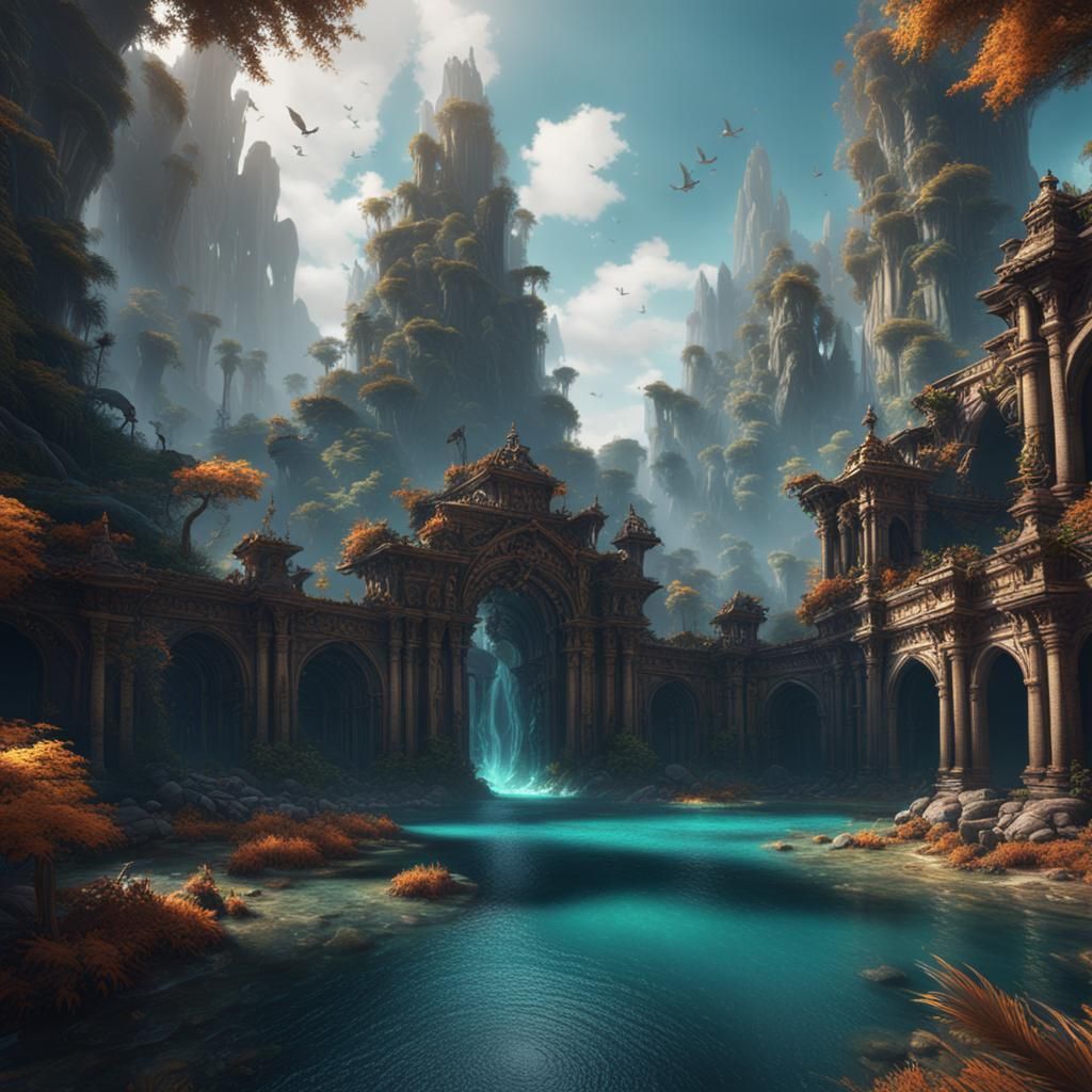 Fantastical Paradise: Detailed Matte Painting in Deep Color