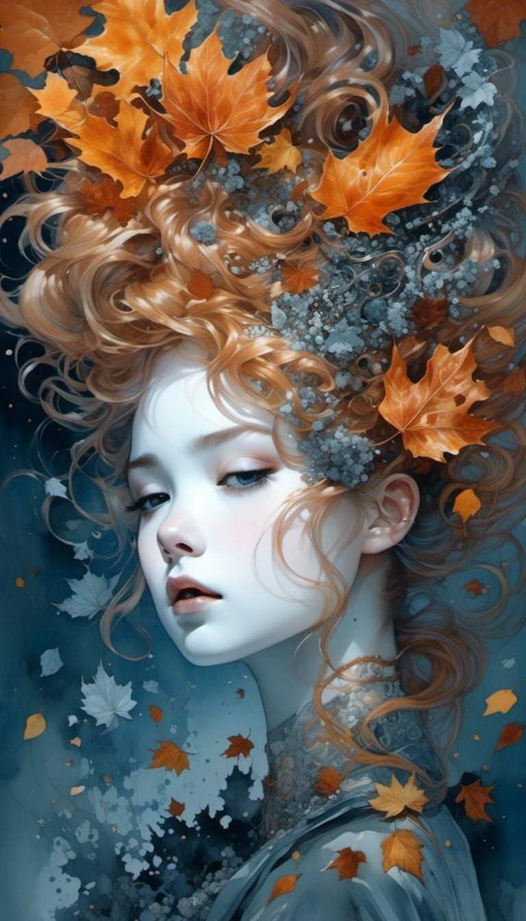 Gold and Copper Autumn Portrait in Watercolor Style