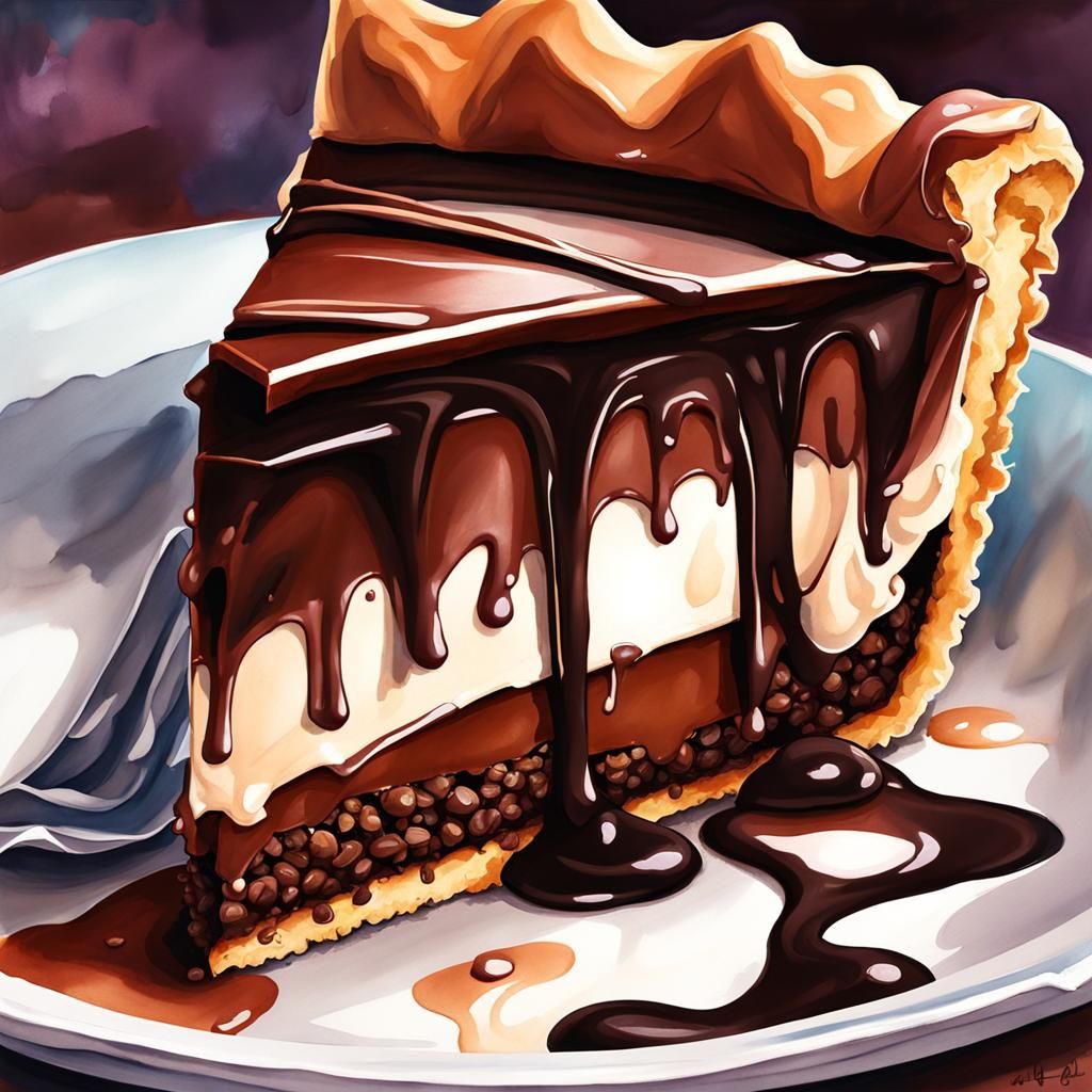 Delicious Chocolate Ganache Pie in Watercolor Style