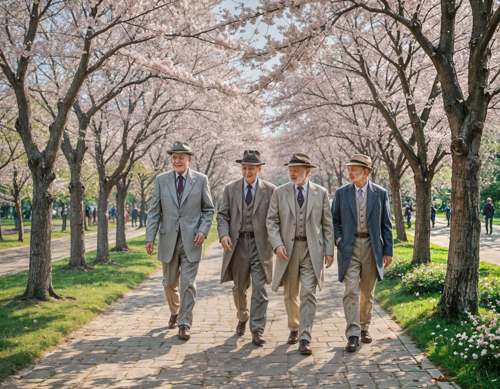Men Walk Under Cherry Blossoms in Park
