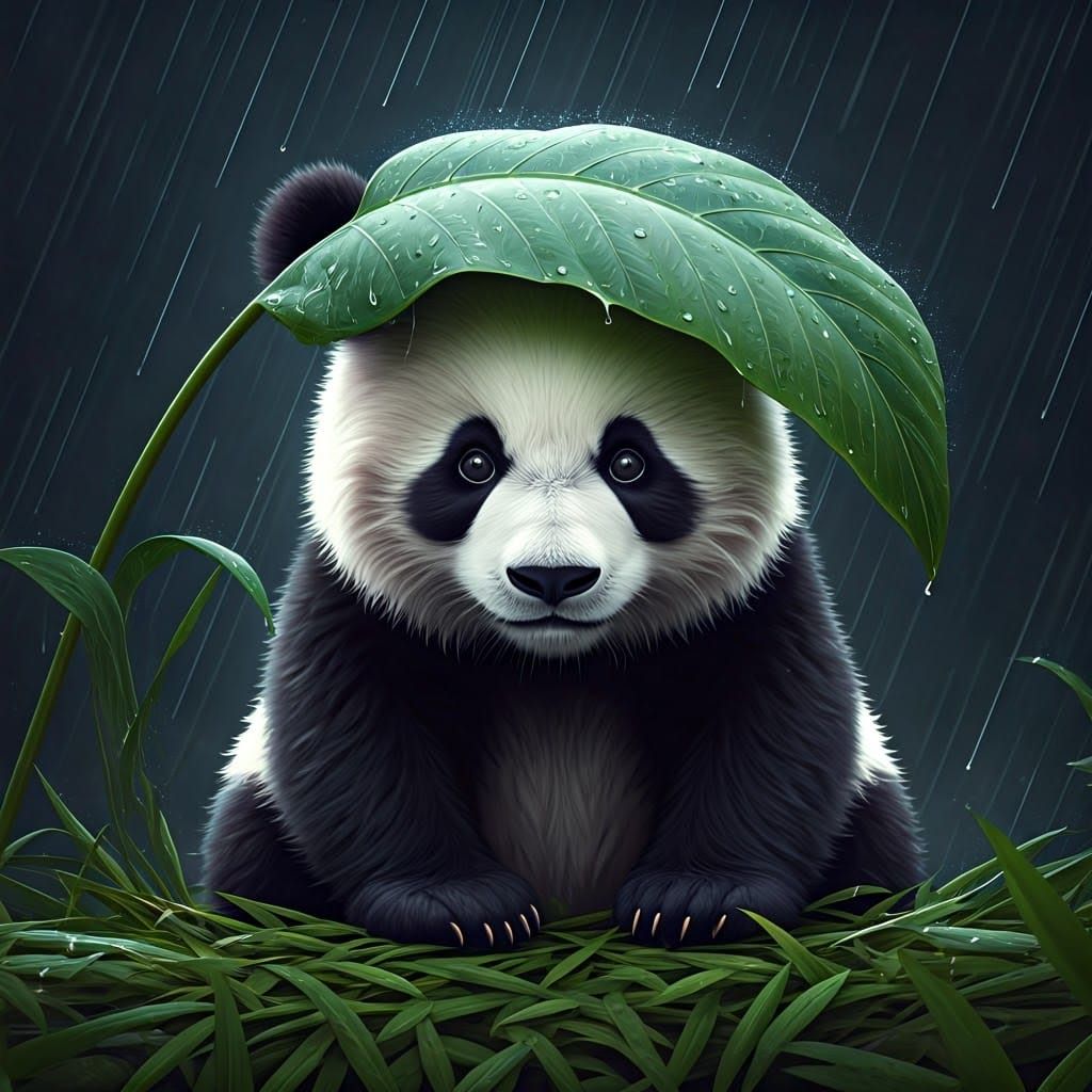 Panda Hiding from Rain in Moody Concept Art