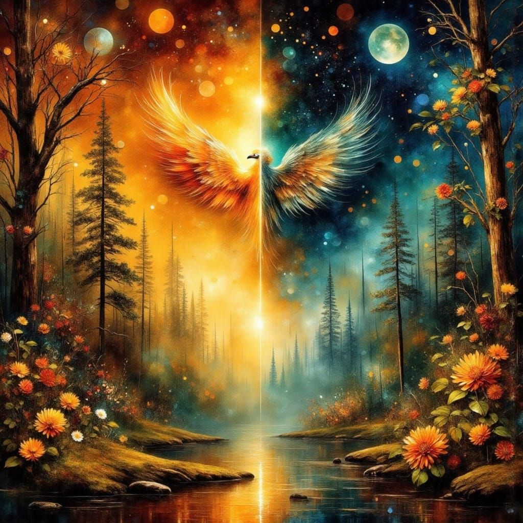 Phoenix and Owl in Dual Light Fantasy Landscape