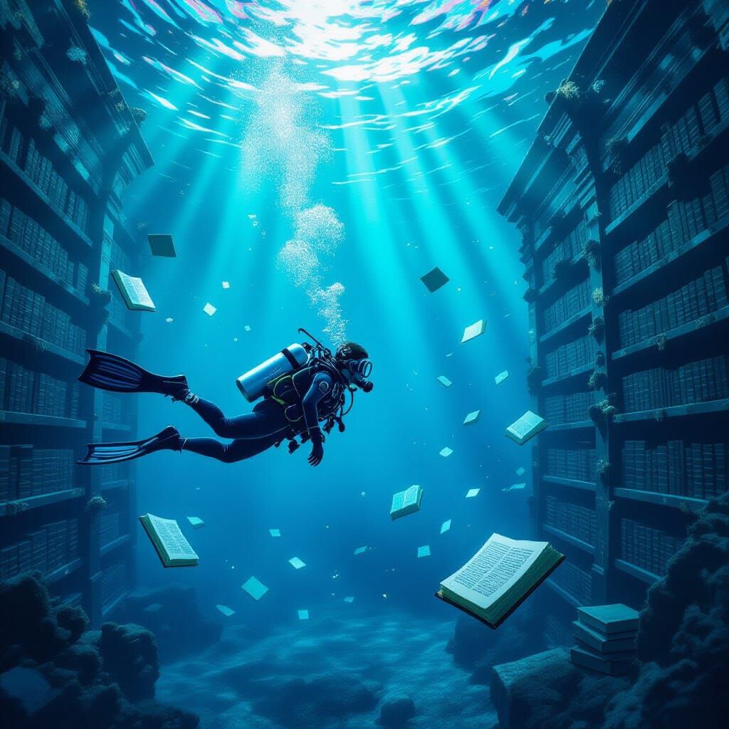 Diver Explores Sunken Library Under Bioluminescent Sea