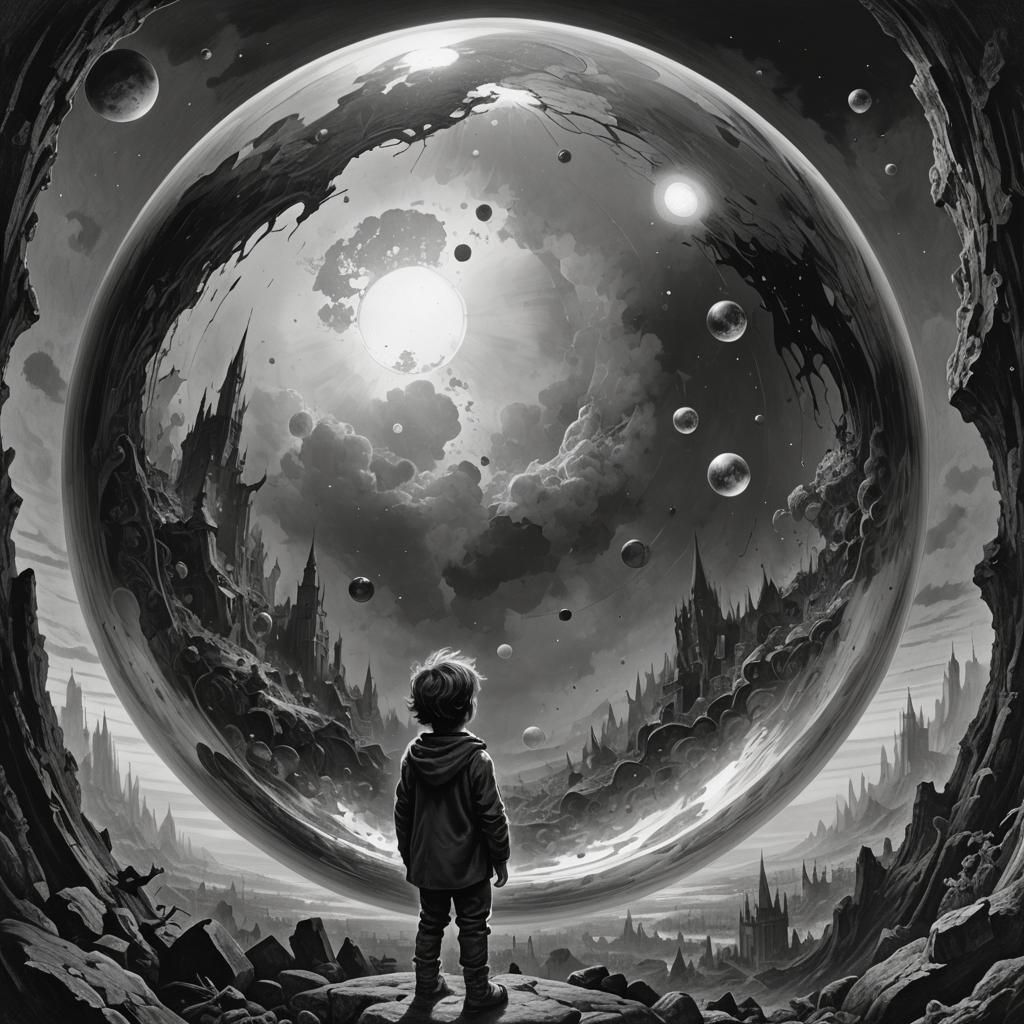 Boy in Bubble Observes Colorful World: Engraving Style