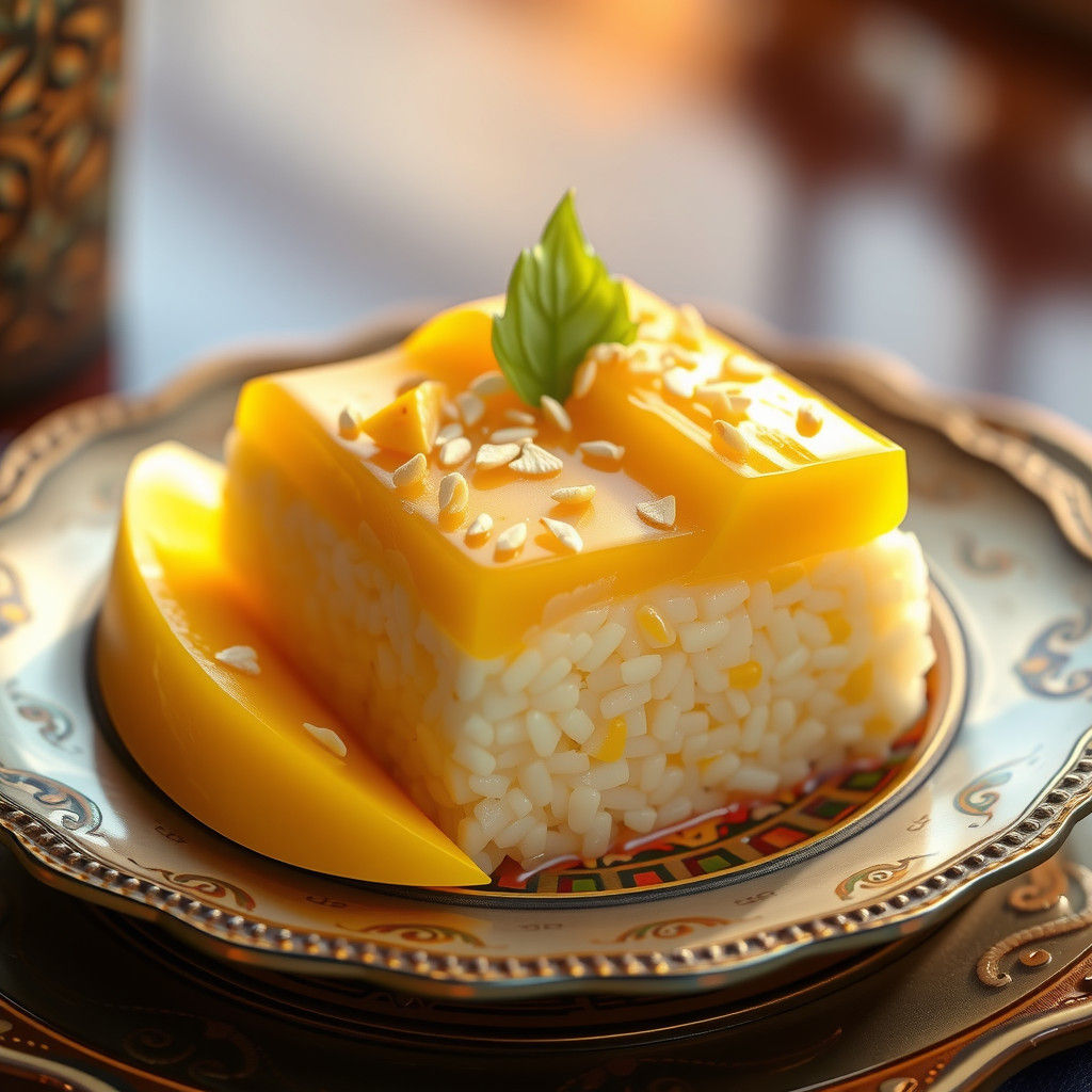 Vibrant Mango Sticky Rice in Surreal 3D Rendering