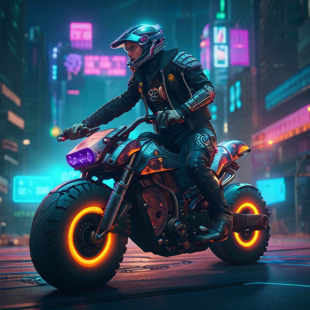 Cyberpunk Cowboy on Futuristic Motorbike