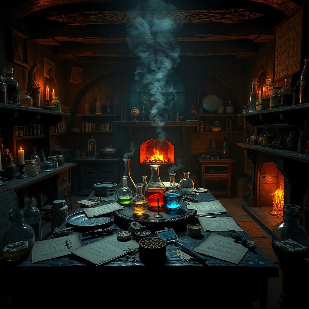 Spooky Potions Laboratory Scene with Bubbling Flasks