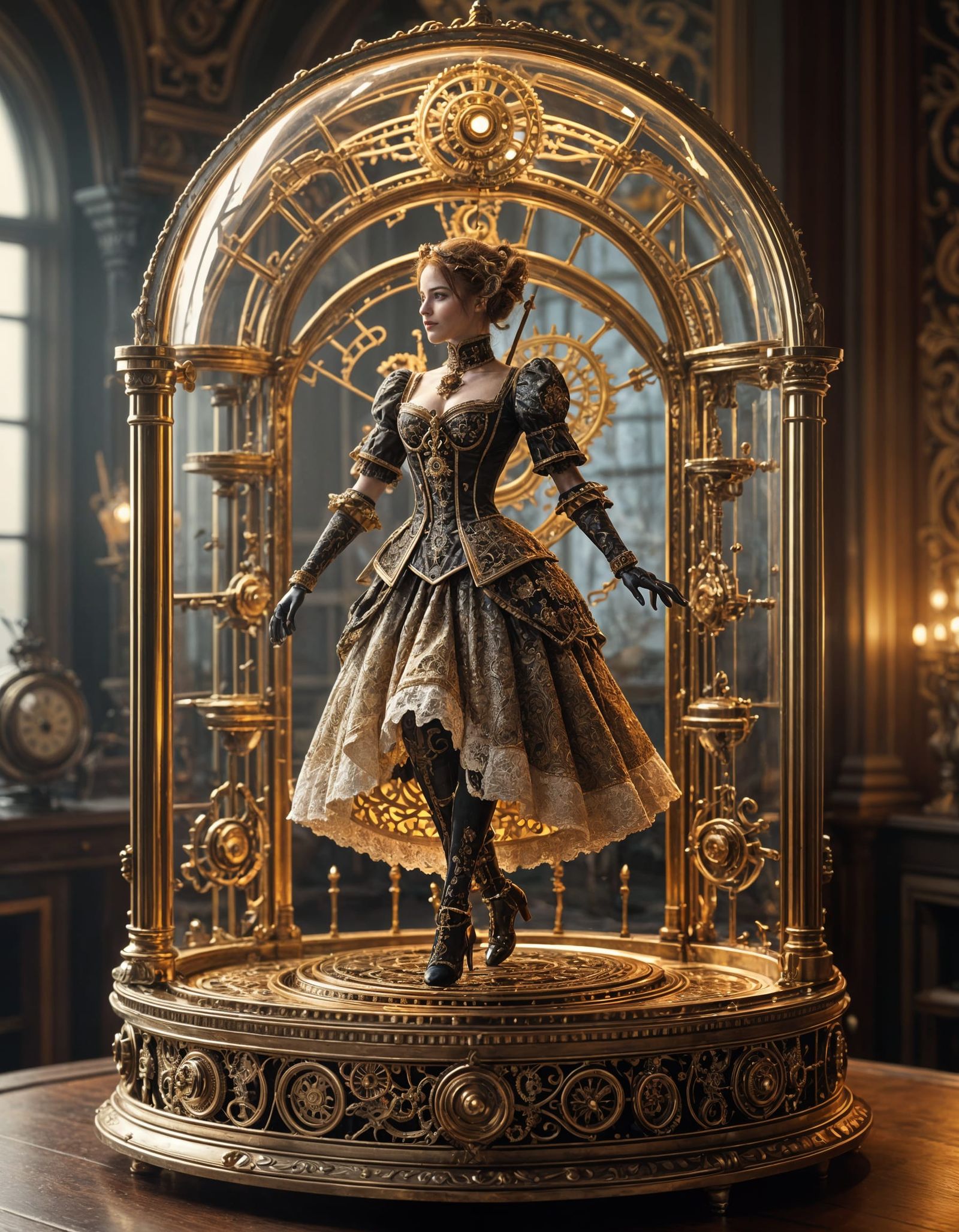 Victorian Clockwork Automaton Dancing in Ballroom