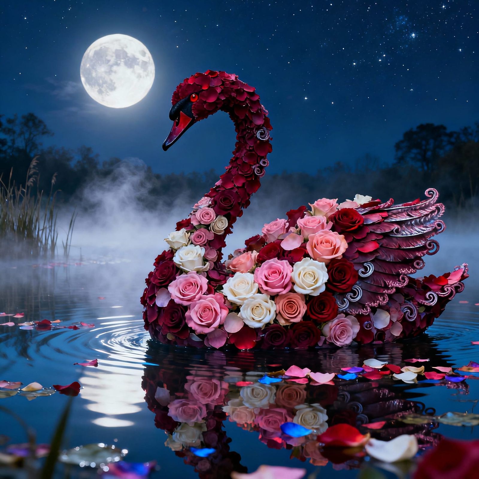 Hyperrealistic Swan Made of Rose Petals on Moonlit Lake