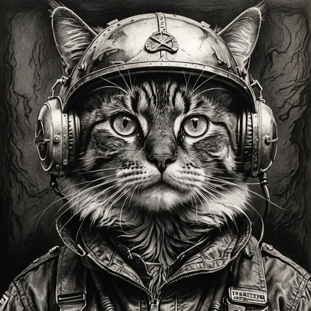 Hyperdetailed Charcoal Drawing of a Pilot Cat