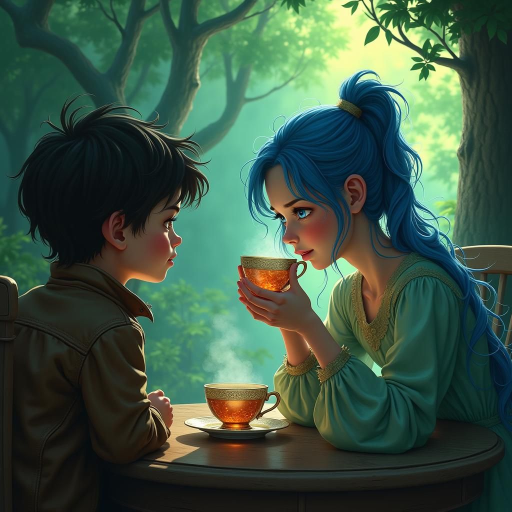 Ethereal Girl Sipping Tea in Mystical Forest