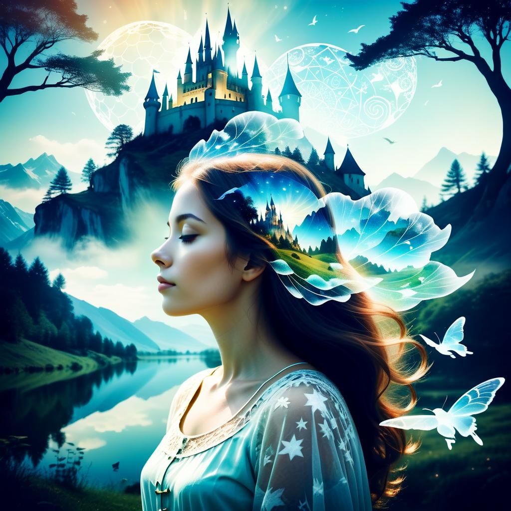 Woman's Double Exposure Dream of Fantasy Kingdom