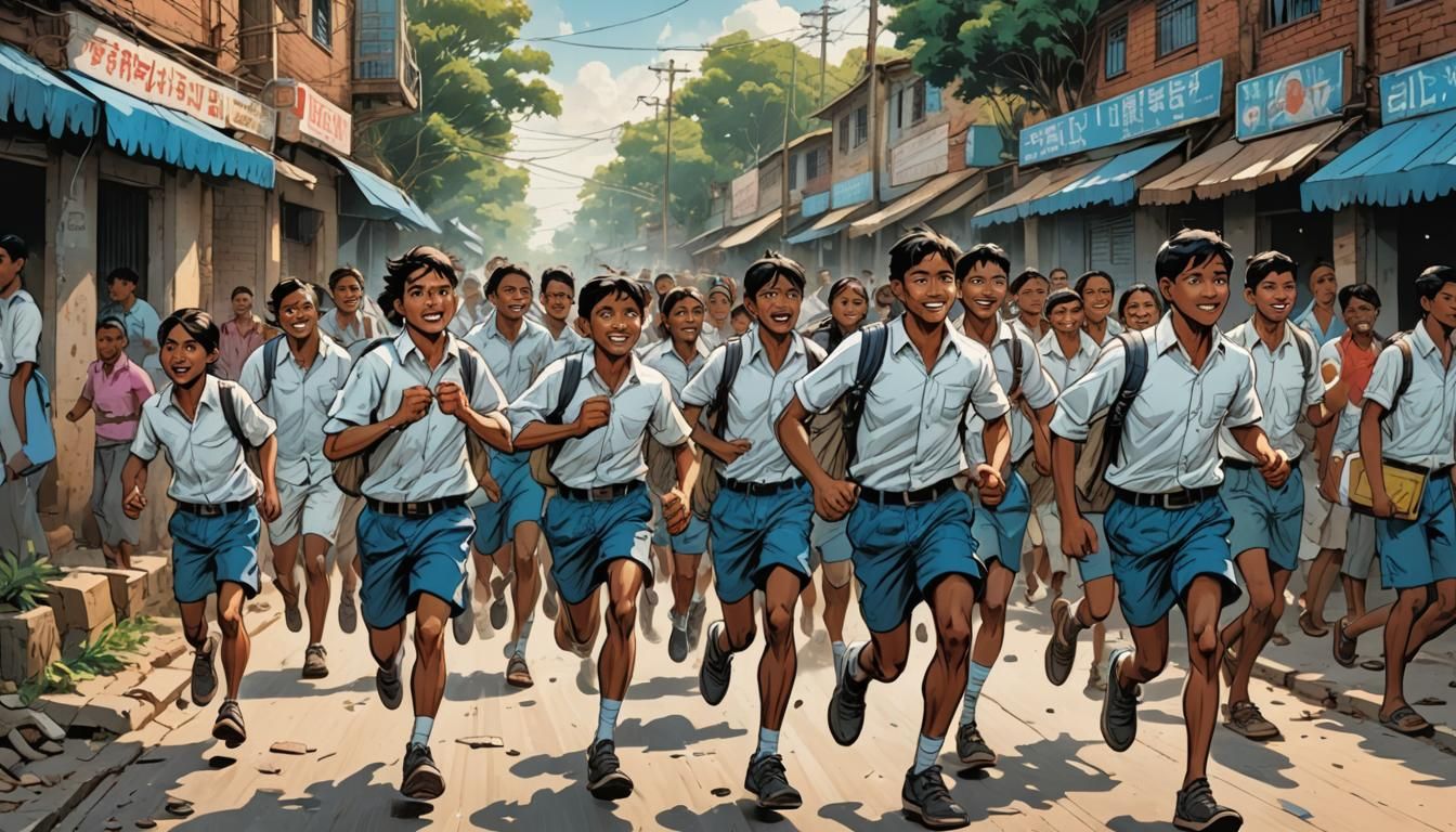 Indian School Kids Running: Comic Book Illustration