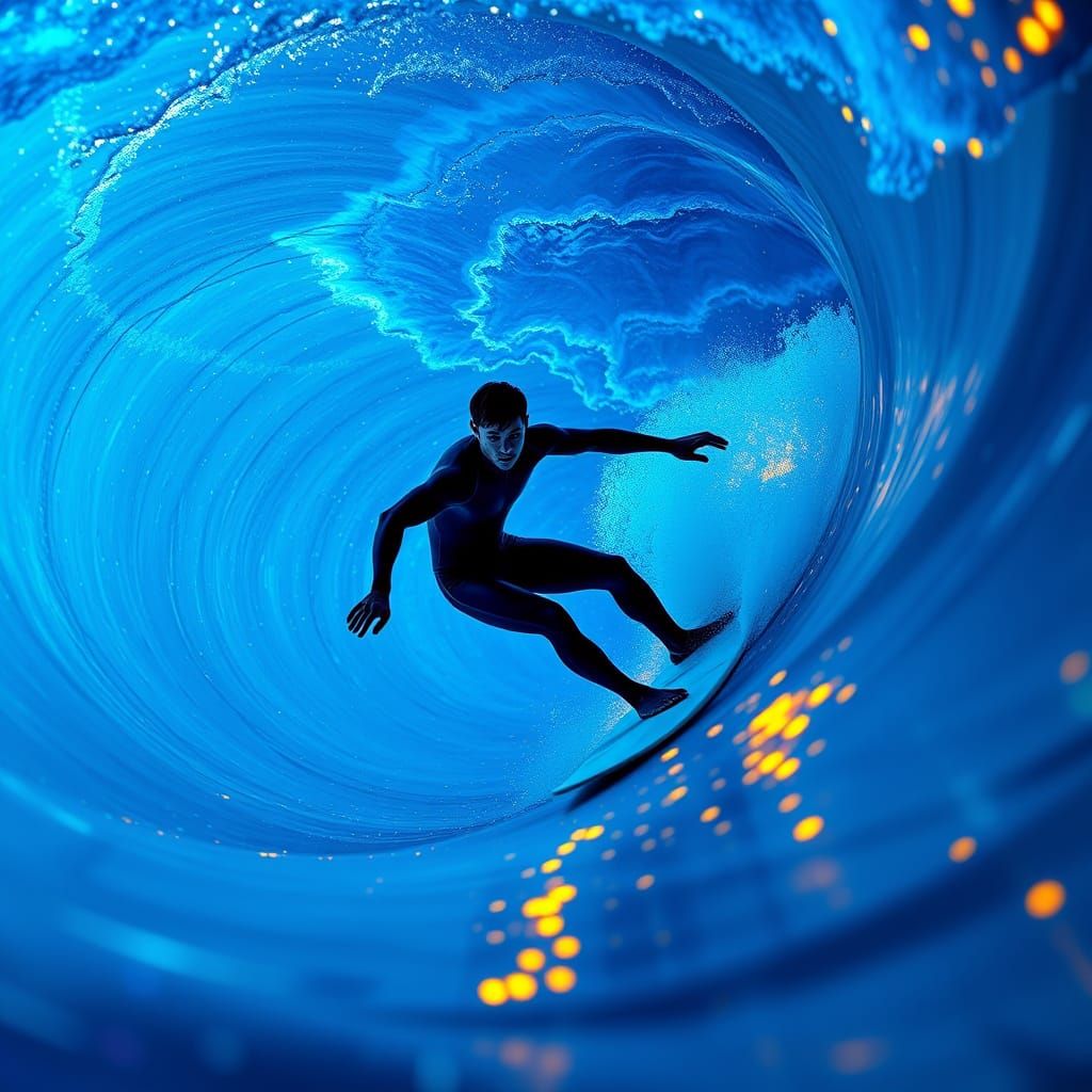 Sleek Surfer Rides Bioluminescent Wave Tunnel