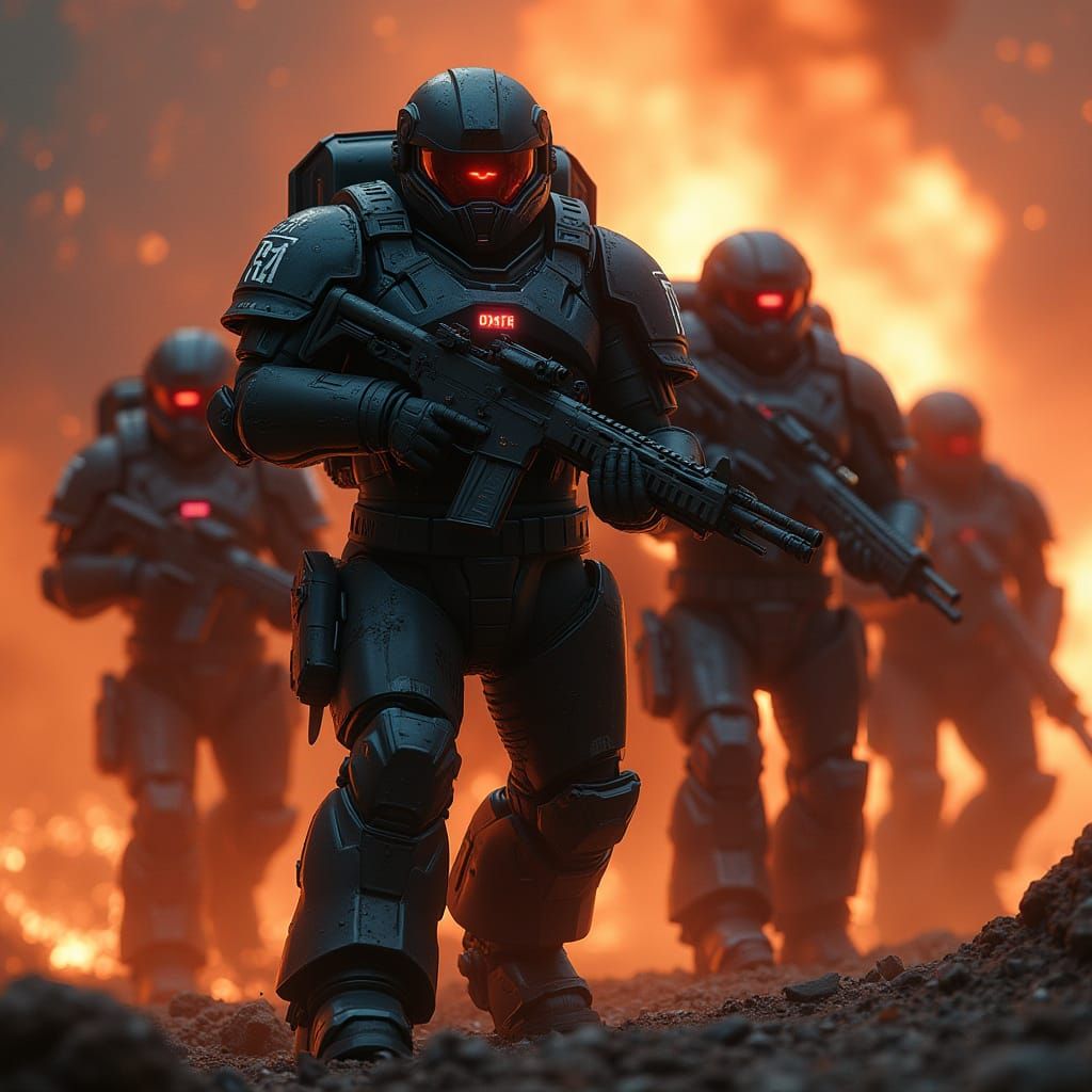 Space Marines in Black Armor Amid Firestorm