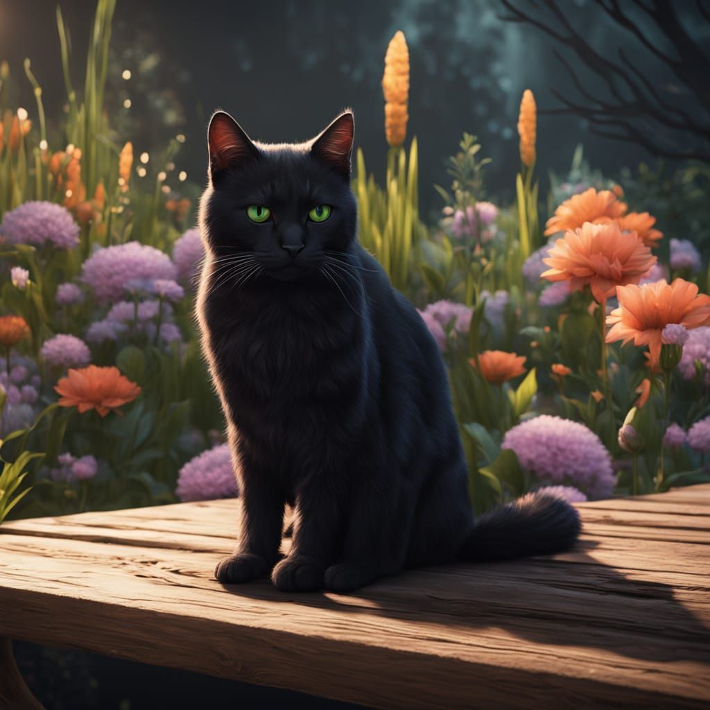 Black Cat in a Vibrant Flower Garden