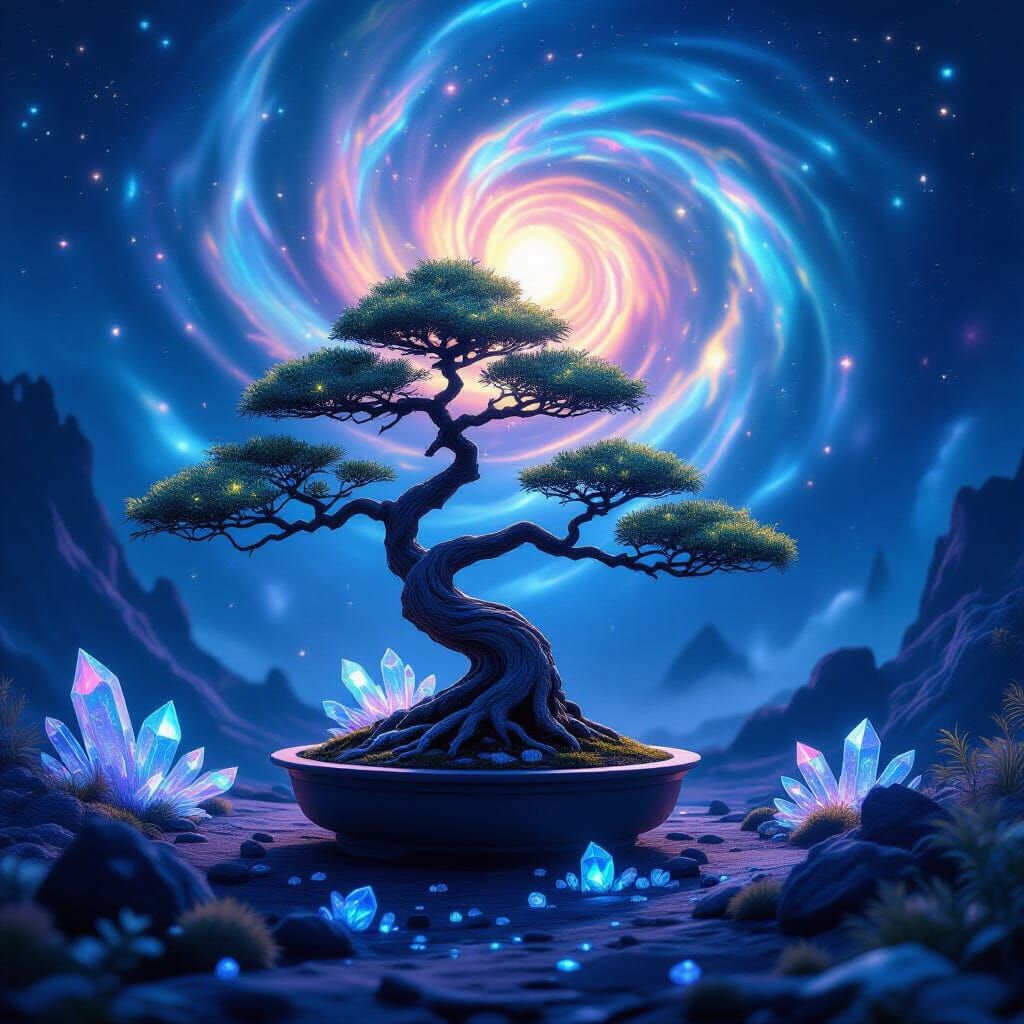 Bioluminescent Bonsai on Alien World with Nebula