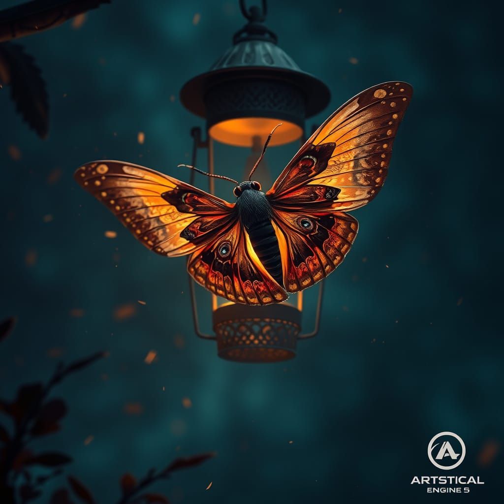 Moth Illuminated in Vibrant Fantasy Scene