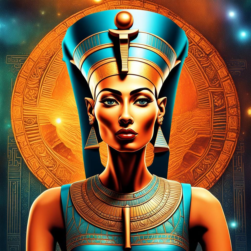Ancient Egypt and the beautiful Egyptian queen Nefertiti 8k resolution holographic astral cosmic illustration mixed medi...