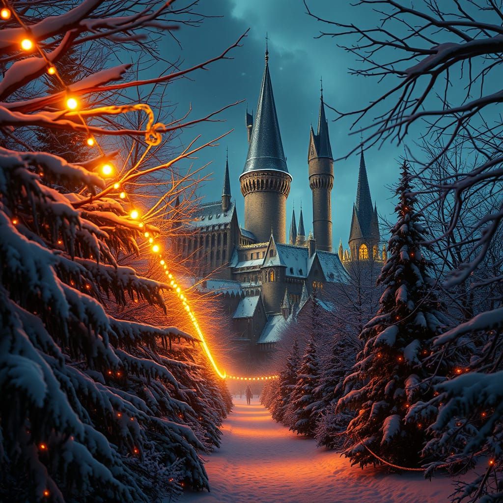 Magical Christmas at Hogwarts in Vibrant Golden Light